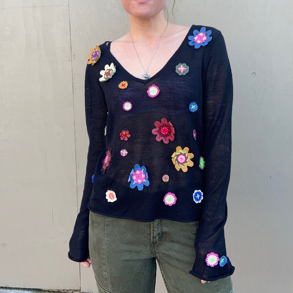 Sheer Black V-Neck Sweater Genuine Leather Flowers